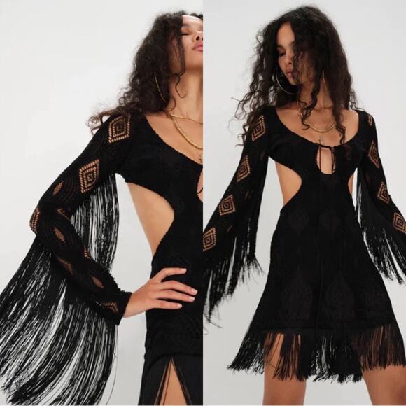 FOR LOVE & LEMONS Aubrey Crochet Fringe Long Sleeve Black Mini Dress Size Small - Picture 3 of 10